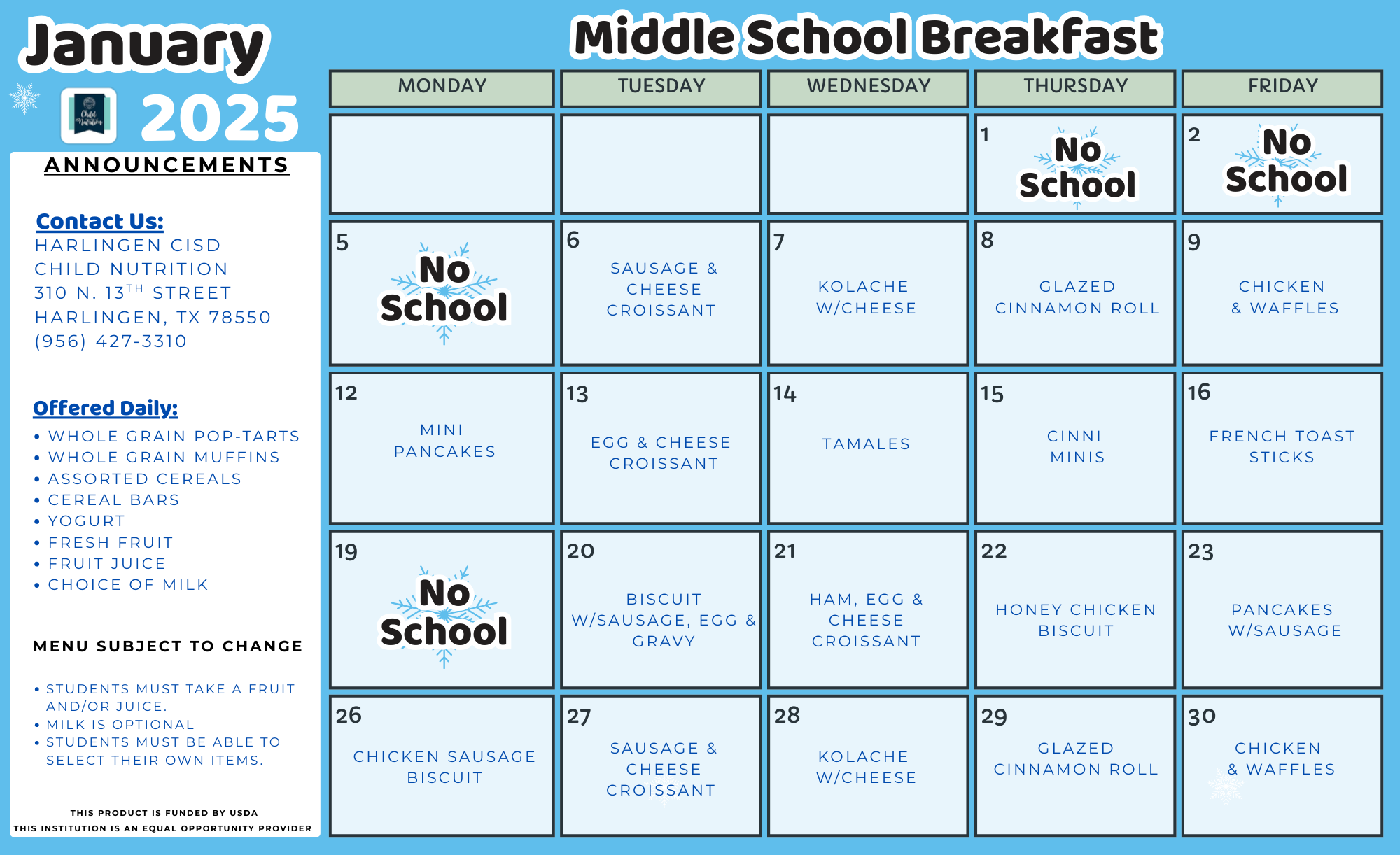 Middle School Updated Menu 12/9/25